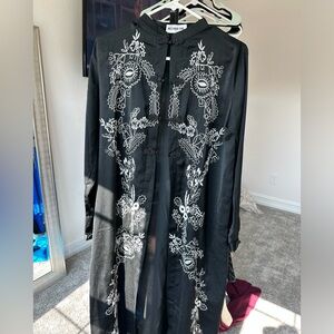 Black embroidered kimono style silk duster